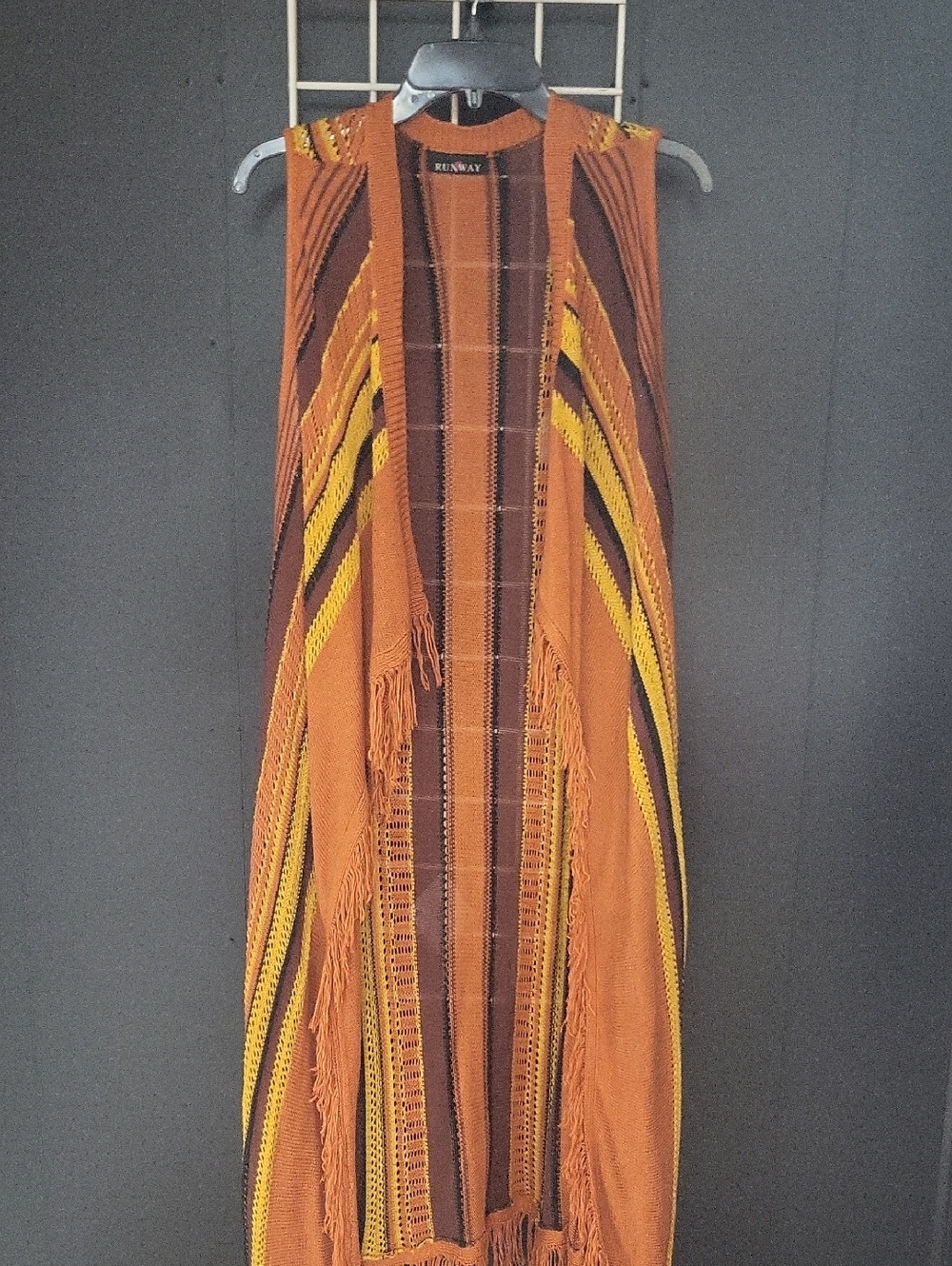 Runway Rust Orange Knit Fringe FULL LENGTH HIPPIE Vest, Medium